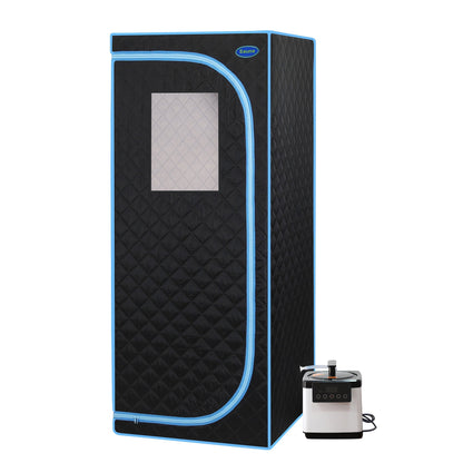 Portable Plus Type Full Size Steam Sauna tent. Spa, Detox ,Therapy and Relaxation at home.Larger Space,Stainless Steel Pipes Connector Easy to Install, with FCC Certification--Black(Blue binding)